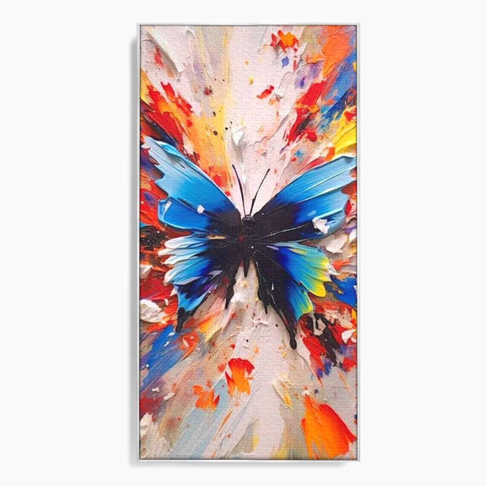 Tablou canvas cu tablou canvas cu fluture albastru, in rama de aluminiu argintiu